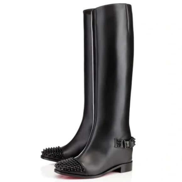 Christian Louboutin Egoutina Tall Riding Boots spiked stud black leather pull-on - Picture 1 of 15